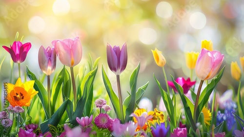 Vibrant Tulips and Mixed Spring Flowers in Garden Setting. Celebration spring holiday Easter, Spring Equinox day