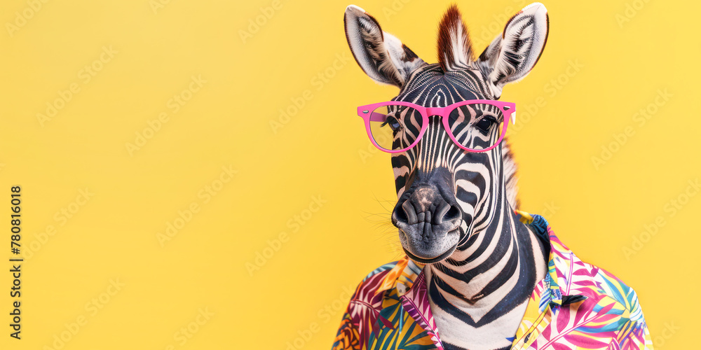 Fototapeta premium A whimsical depiction of a zebra donning pink sunglasses and a Hawaiian shirt, humorously capturing a vacation vibe on a vibrant yellow background.