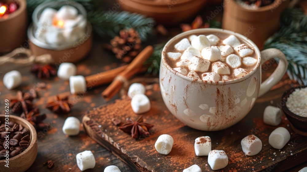 A warm and inviting cup of hot chocolate topped with soft marshmallows A warm and inviting cup of hot chocolate topped with soft marshmallows
