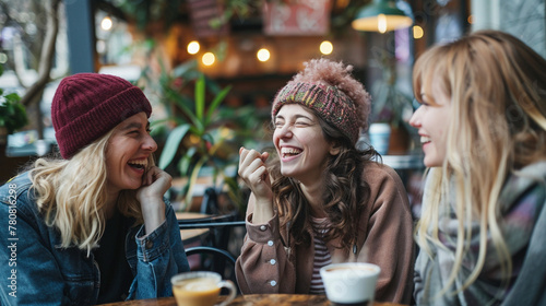 Group of female friends having a coffee together. Three women at cafe. talking. laughing and enjoying their time. Lifestyle and friendship concepts.