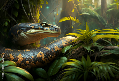 portrait of beautiful  ancient  python  snake in greenery of jungle. close up. Ai generated photo