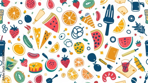 A vibrant vector pattern featuring a variety of stylized food icons
