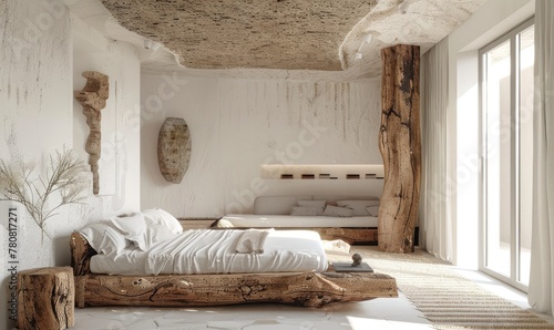 A white rustic Greek style bedroom with wood accents and a rough textured sandstone ceiling photo