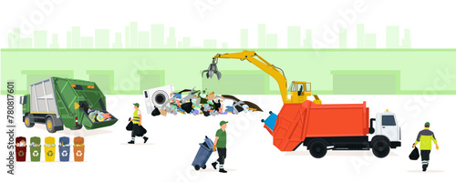 Garbage transport vehicle, garbage collector collects garbage, garbage collection center, waste center. Hydraulic multi-valve crab bucket machine loader manipulator, truck.