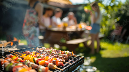Photo of a family and friends having a picnic barbeque grill in the garden. having fun eating and enjoying time. sunny day in the summer