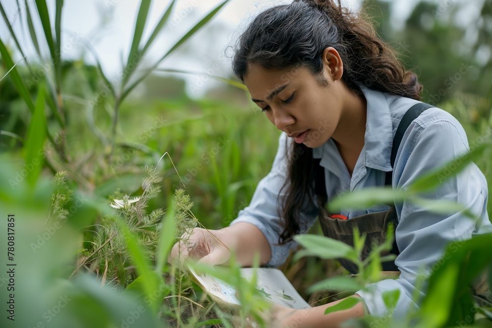 Latinx Environmental Scientist Researching in Field, Focused and Professional Latinx Environmental Scientist Researching in Field, Focused and Professional