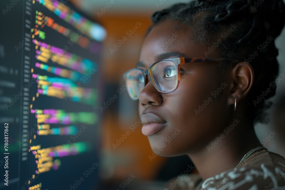 Young African American Woman Programming With Computer Code In Focus Young African American Woman Programming With Computer Code In Focus