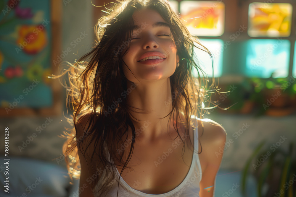 Beautiful happy woman with close eyes dancing at home in living room. Smiling adult lady enjoys to staying at home, weekend or holidays in summer. Calm and happiness concept. Beautiful happy woman with close eyes dancing at home in living room. Smiling adult lady enjoys to staying at home, weekend or holidays in summer. Calm and happiness concept.
