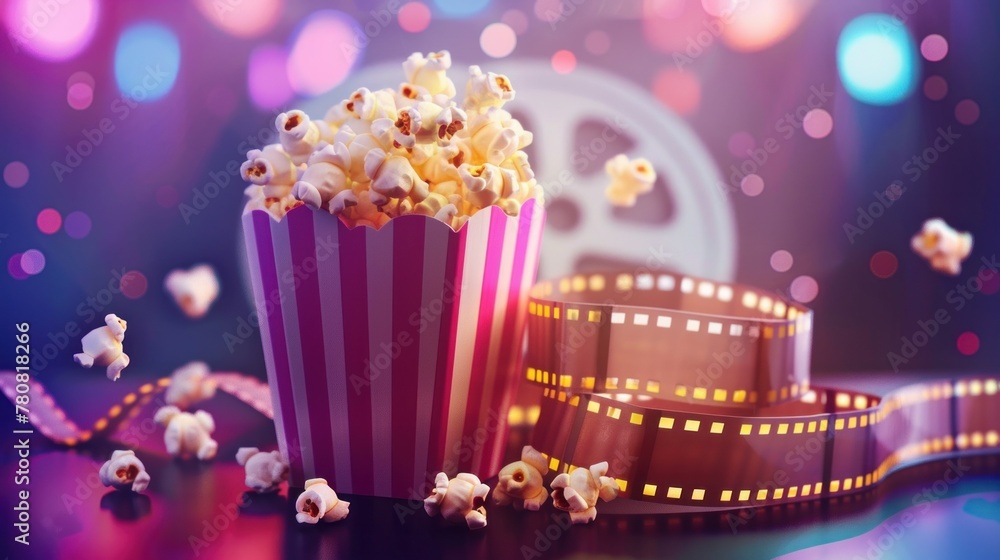 A nostalgic portrayal of online cinema with vintage retro colors, featuring popcorn and a film-strip
