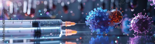 Virus Attack on Cell Model in Science Lab, Syringes with Vaccine