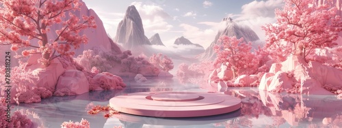 A pink fantasy world with water, circular stone podium in the center of an oasis surrounded by mountains and cherry blossom trees. Product Showcase