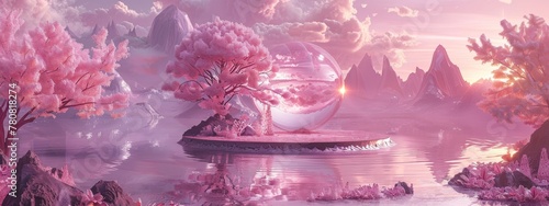 A pink fantasy world with water, circular stone podium in the center of an oasis surrounded by mountains and cherry blossom trees. Product Showcase photo