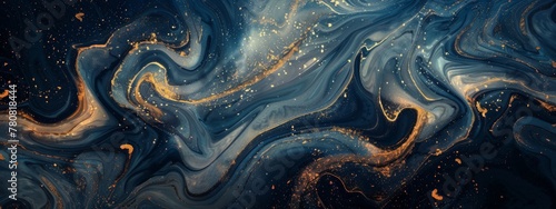 Abstract background of swirling blue and gold hues, resembling the texture of marble or iridescent stones. The composition is intricate with layers of fluid shapes.