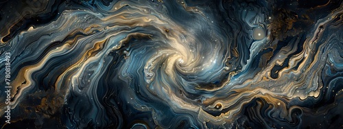 Abstract background of swirling blue and gold hues, resembling the texture of marble or iridescent stones. The composition is intricate with layers of fluid shapes. © MD Media