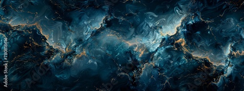 Abstract background of swirling blue and gold hues, resembling the texture of marble or iridescent stones. The composition is intricate with layers of fluid shapes.