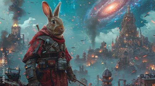 A rabbit in barbarian attire stands amidst ruins with smoldering furnaces in a post-apocalyptic setting, with a galaxy swirling in the sky.