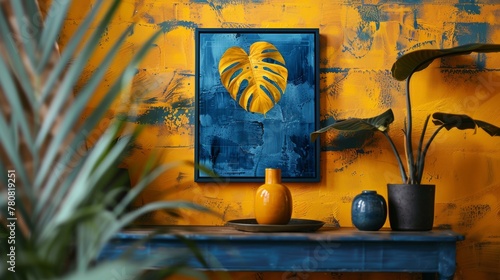 A minimalist artwork featuring monstera leaves against a Blue Atoll and Vibrant Yellow abstract background, inspired by devil's food cake on a budget.