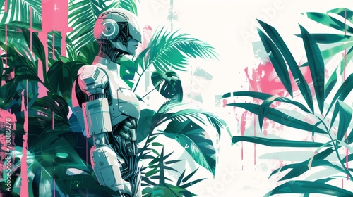 A minimalist cyborg adorned in green energy, set against a backdrop of abstract Mango Mojito and Terrarium Moss hues, highlighting the fusion of nature and technology.
