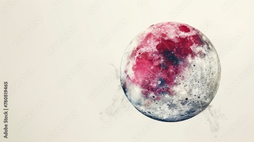 A serene scene with a quarter moon, a Bulldog named Cross, and an abstract cherry in a minimalistic style against a white background with negative space.