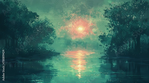 A pixel art representation of a morning walk, with serene vibes and a blend of Hunter Green and Raspberry colors. Emphasizing minimalism and negative space.