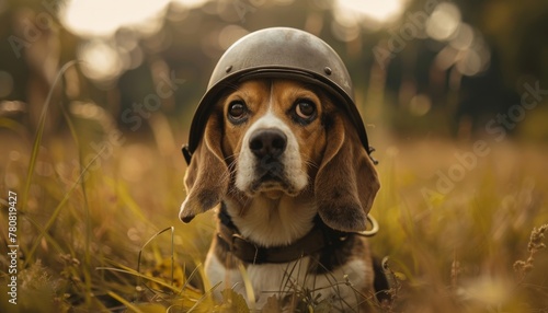 A determined beagle wearing a World War 2 helmet, dodging invisible foes with floppy ears flying, embodying a lighthearted soldier's spirit. photo