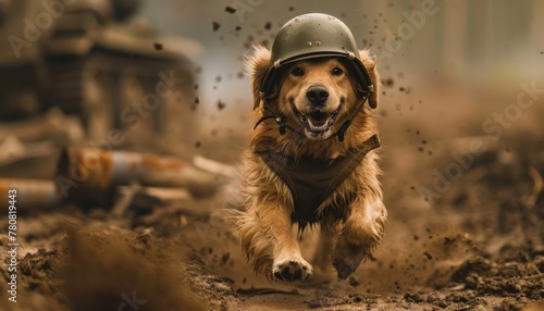 A playful golden retriever wearing a WWII helmet runs through a war zone dodging bullets, determined to find the perfect stick. photo