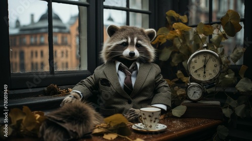 Imagine a dapper raccoon in a tweed blazer, complete with a bowler hat and a vintage pocket watch. Amidst a backdrop of city streets, it exudes old-world charm and urban elegance. The vibe: timeless a