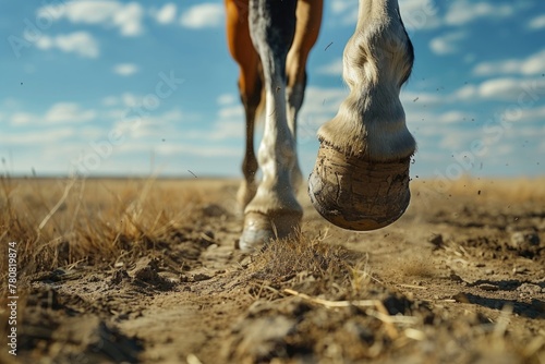 Close up of a horse's foot in the dirt. Suitable for equestrian or farm themes © Fotograf