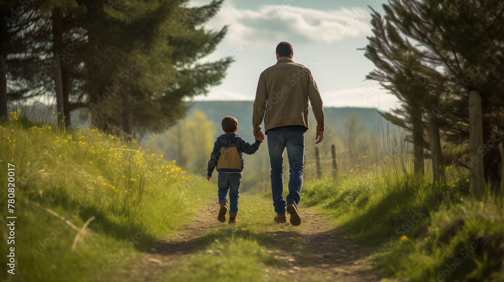 Father and son walking in nature, walking hand in hand on a  green trail in spring