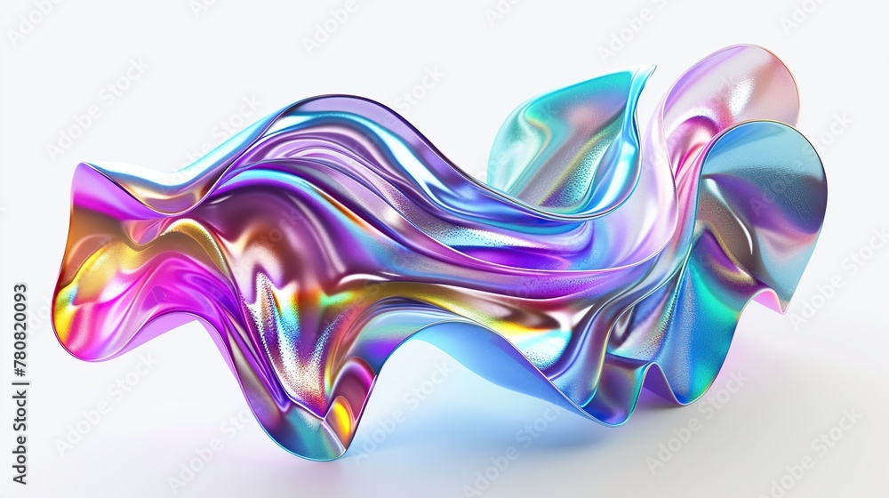 Holographic liquid metal wavy shape isolated on white background, a fluid abstract metallic design.