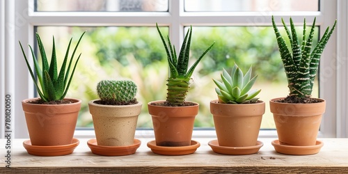 A collection of various succulent plants displayed in terracotta pots on a wooden surface  with a bright window backdrop  offering a sense of calm and natural decor