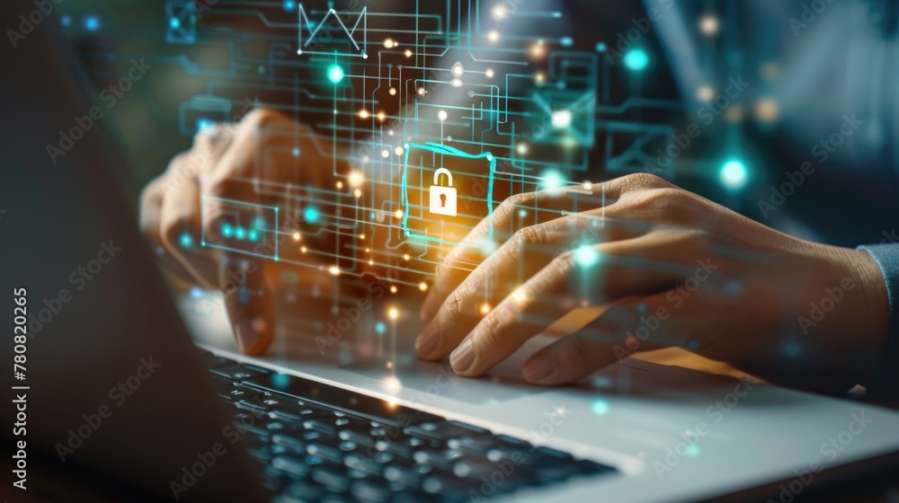Person working on laptop with lock screen, suitable for cybersecurity concept Person working on laptop with lock screen, suitable for cybersecurity concept