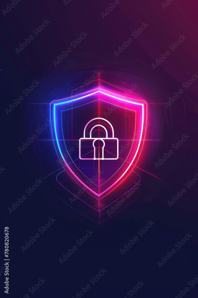 Neon shield with padlock, suitable for cybersecurity concepts Neon shield with padlock, suitable for cybersecurity concepts