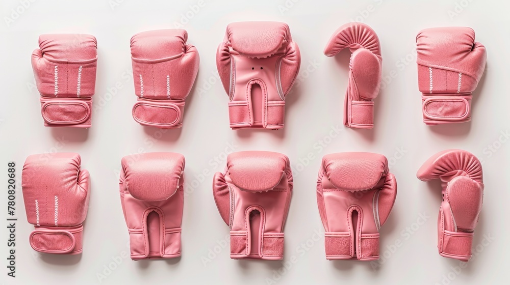 Arranged pink boxing gloves and gear on white, depicting discipline and precision in combat sports. Ideal for marketing fitness equipment with a focus on style and function Arranged pink boxing gloves and gear on white, depicting discipline and precision in combat sports. Ideal for marketing fitness equipment with a focus on style and function