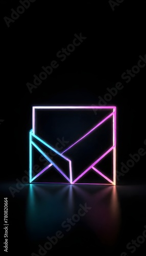 3d rendering wireframe digital techno neon glowing symbol of paper open envelope with up arrow with shining dots on black background with blured reflection on floor