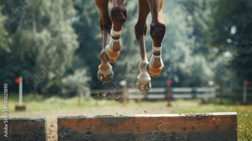 Equestrian jumping over hurdle, suitable for sports and competition concepts photo