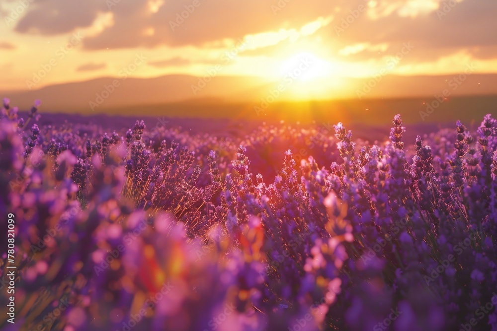 Naklejka premium Beautiful field of purple flowers with a stunning sunset backdrop. Ideal for nature or relaxation concepts