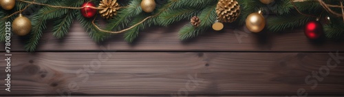 Immerse yourself in the festive atmosphere thanks to the Christmas theme: fir branches, red balls and pine cones on a wooden background.