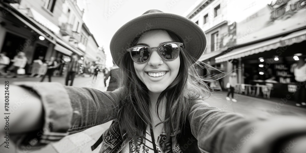 A woman in a hat and sunglasses taking a selfie. Suitable for social media promotion