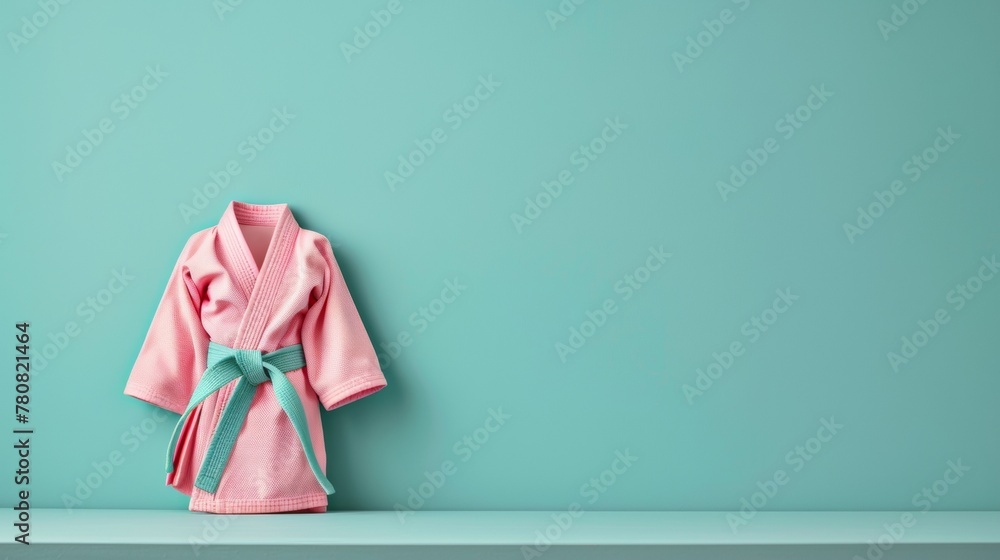Pink karate gi on turquoise backdrop, offering a minimalist and evocative representation of martial arts in combat sports Pink karate gi on turquoise backdrop, offering a minimalist and evocative representation of martial arts in combat sports