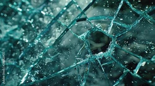 A broken glass window with a hole, suitable for crime scene or vandalism concept photo