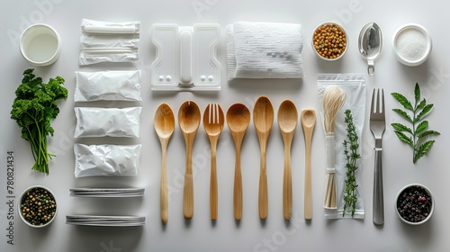 Bioplastic products on a white backdrop, showcasing eco materials, clean, and modern design.