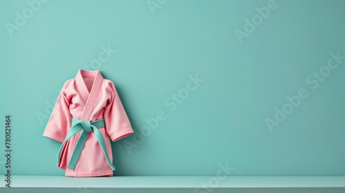 Pink karate gi on turquoise backdrop, offering a minimalist and evocative representation of martial arts in combat sports photo
