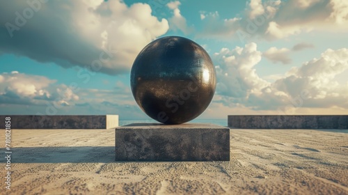 A large metal ball sitting on top of a cement block. Suitable for industrial concepts