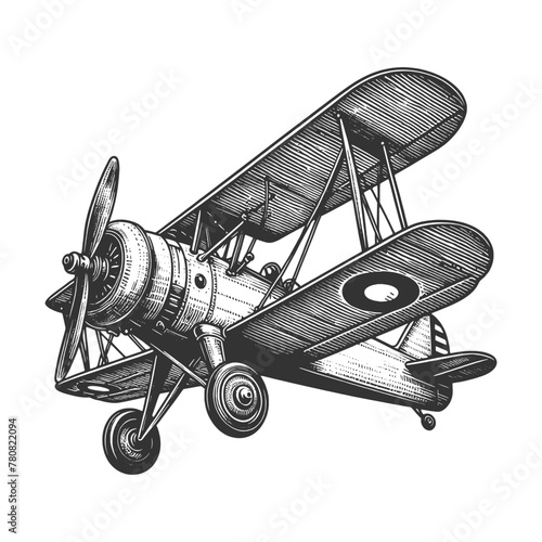 biplane vintage plane, reminiscent of early aviation history sketch engraving generative ai vector illustration. Scratch board imitation. Black and white image.