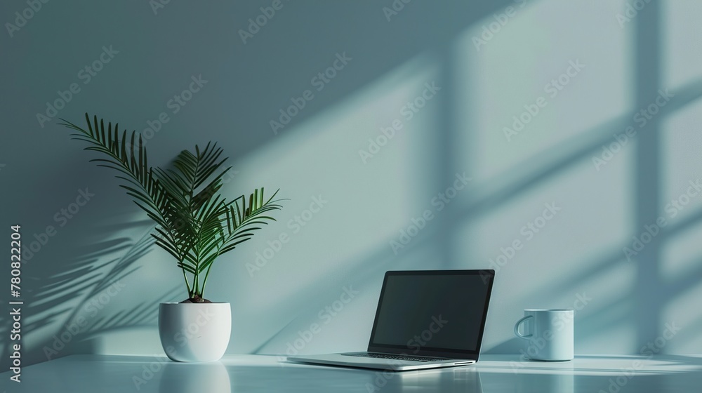 Laptop Computer and coffee cup, potted plants on Table in blue background. Laptop Computer and coffee cup, potted plants on Table in blue background.