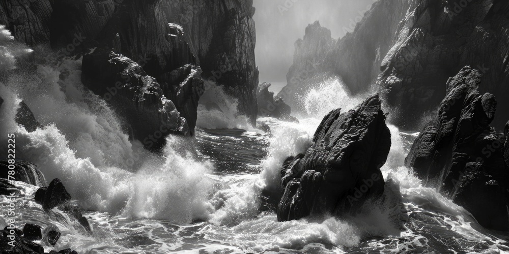 A serene black and white photo of the ocean and rocks. Suitable for various design projects - obrazy, fototapety, plakaty 