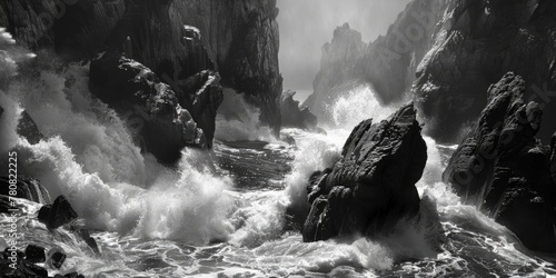 A serene black and white photo of the ocean and rocks. Suitable for various design projects