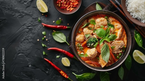 Thai dishes. Panang Curry in Thai. a beautiful red curry, which is usually cooked with chicken and served with rice. 