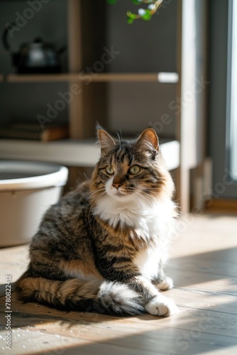 A cat sitting on the floor basking in the sun. Ideal for pet and relaxation concepts